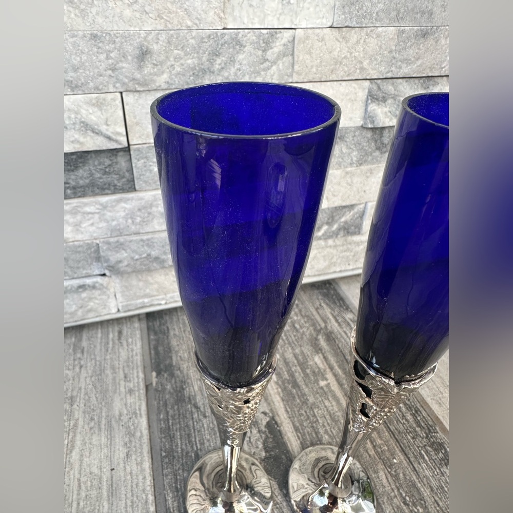 Silver plated cobalt blue fluted Champaign glasses Set of 2 - Picture 4 of 12